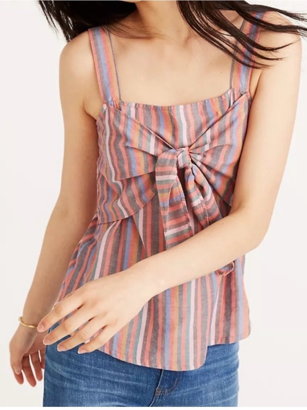 Madewell Sz S Striped Tie-Front Camo Sleeveless Top Coral Multi Anthropologie
